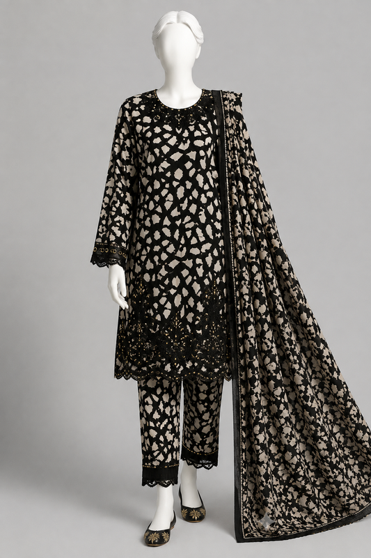 Stitched Black & Beige Embroidered 3-Piece Suit
