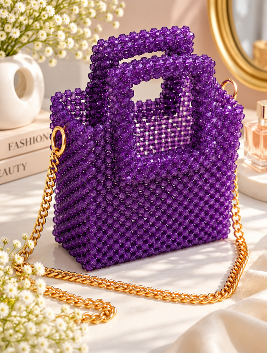 Purple Beaded Handbag with Square Handle & Gold Chain