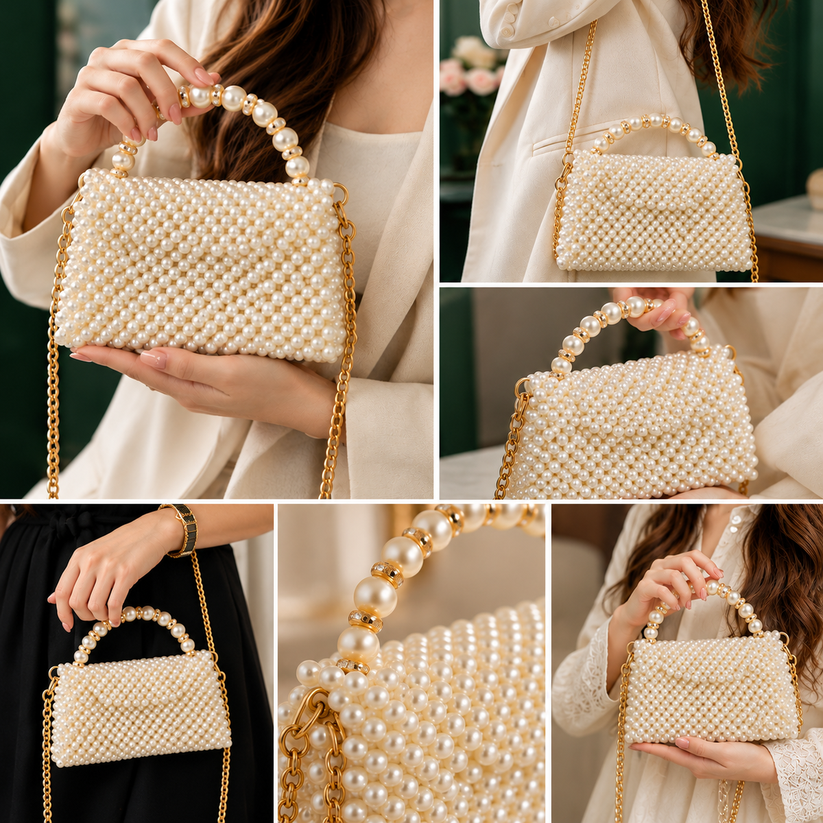 Pearl Beaded Handbag with Pearl Handle & Gold Chain