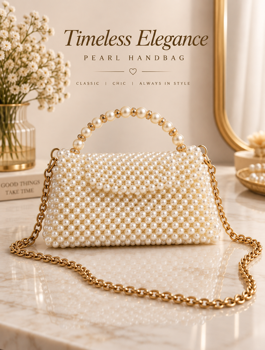Pearl Beaded Handbag with Pearl Handle & Gold Chain
