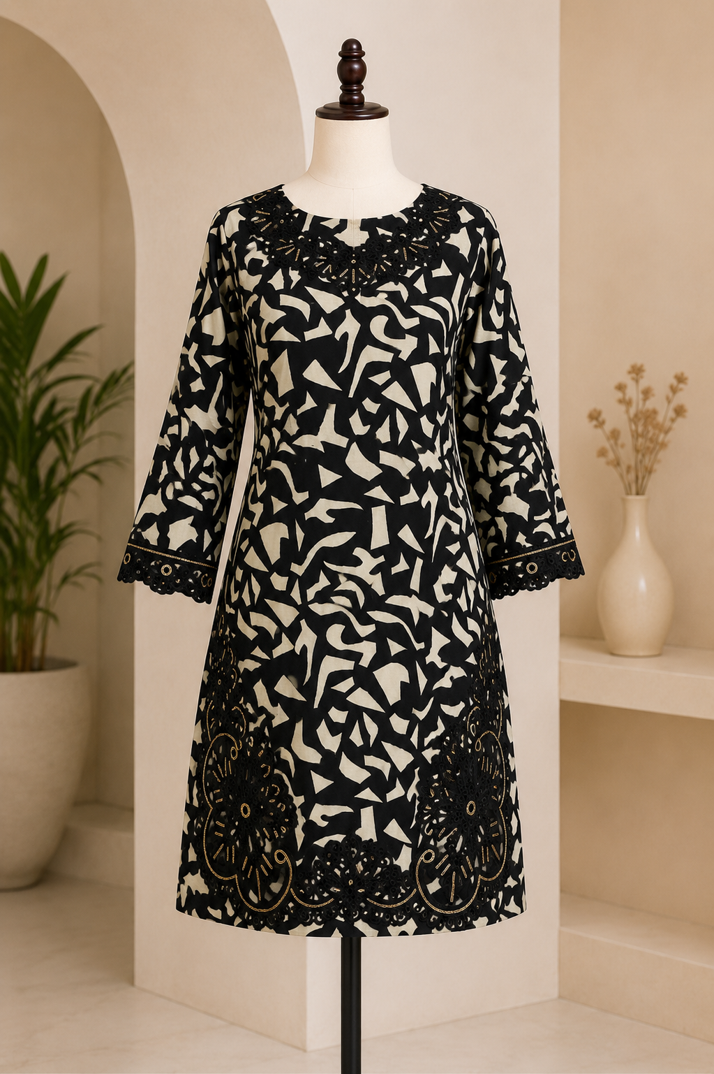 Black & Beige Embroidered 3-Piece Suit