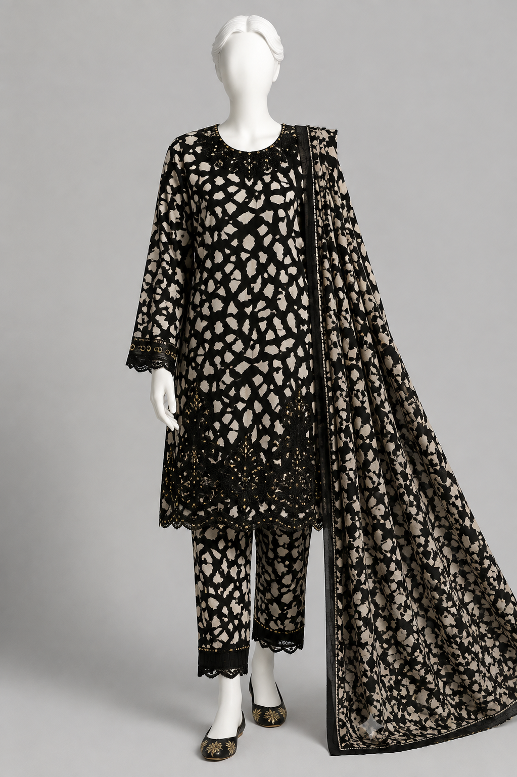 Black & Beige Embroidered 3-Piece Suit