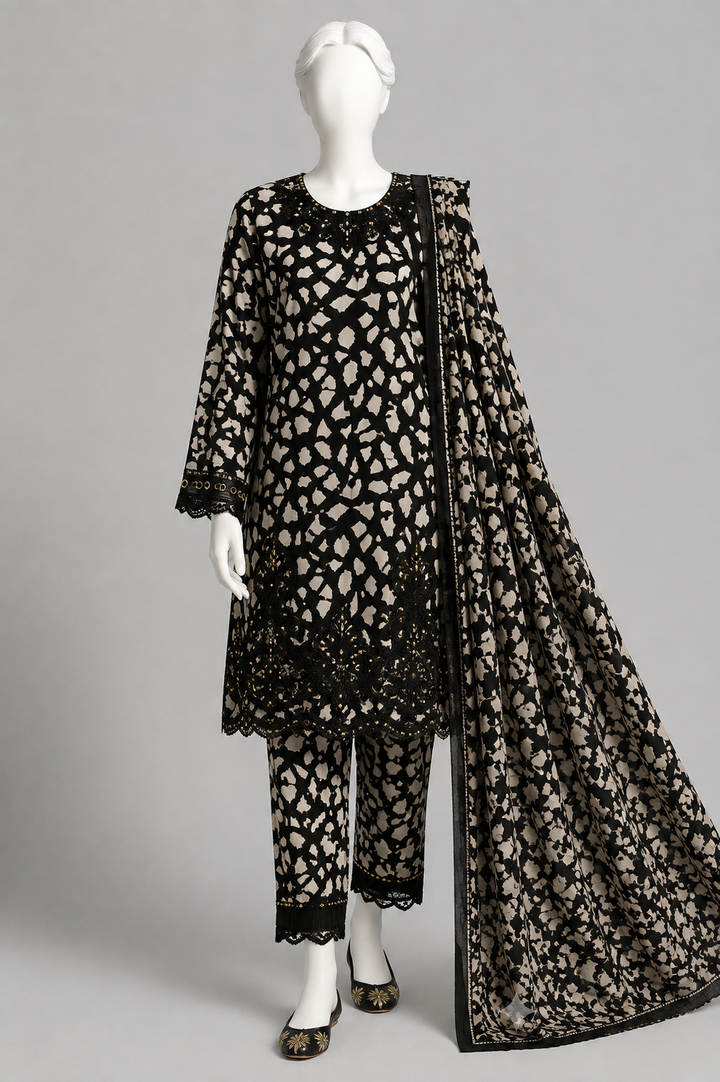 Black & Beige Embroidered 3-Piece Suit
