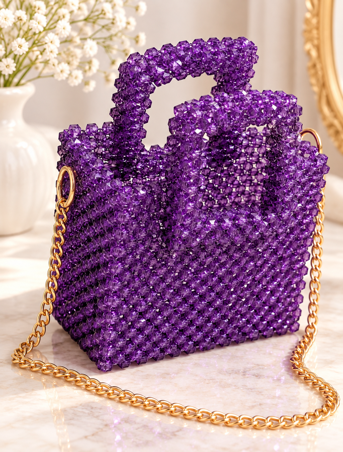 Purple Beaded Handbag with Square Handle & Gold Chain