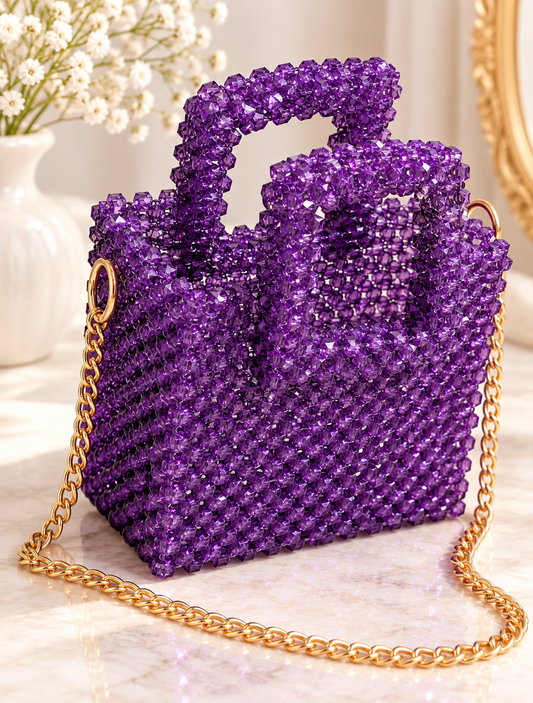 Purple Beaded Handbag with Square Handle & Gold Chain