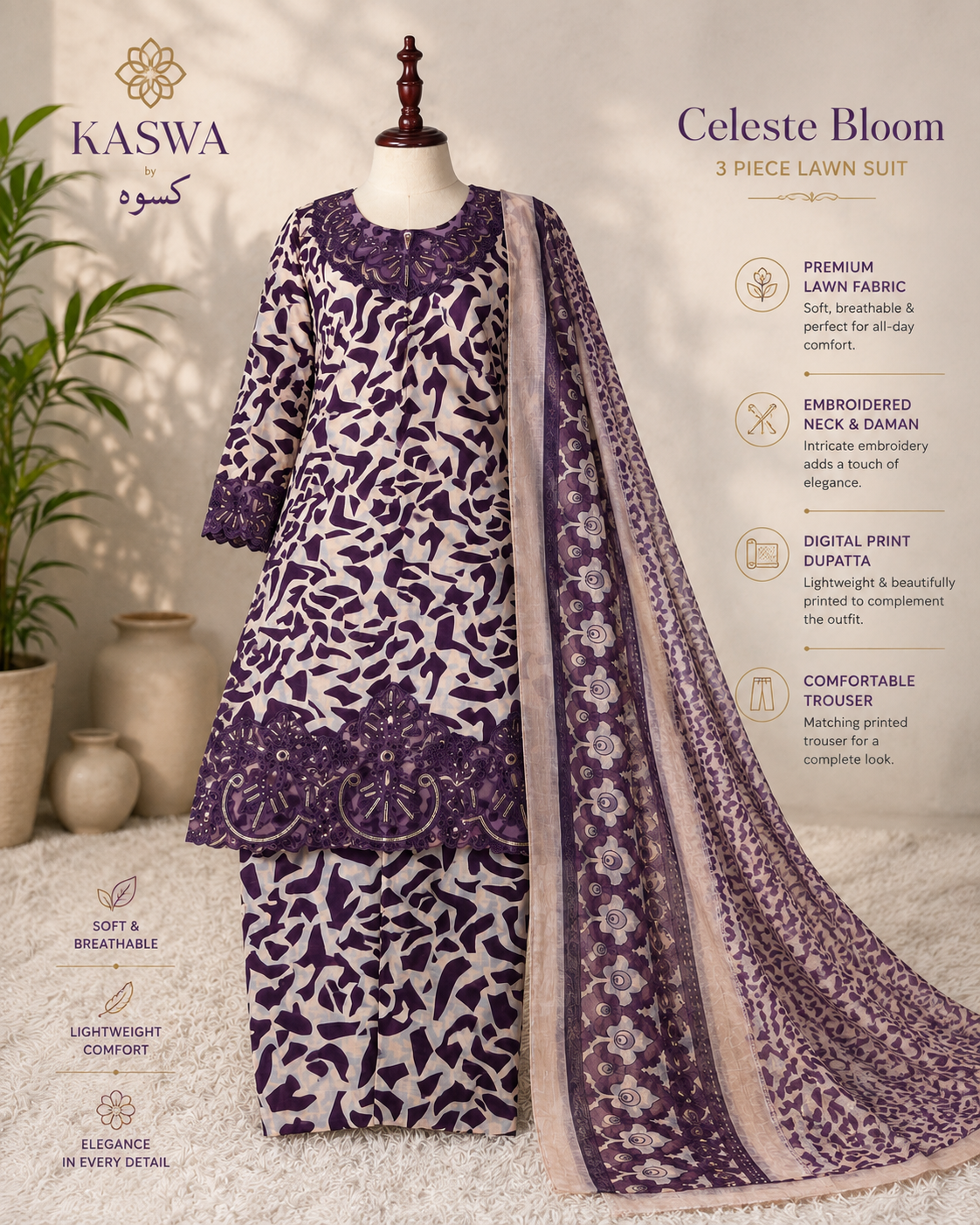 Stitched Embroidered 3 Piece Lawn Suit | Midnight Bloom by Kaswa