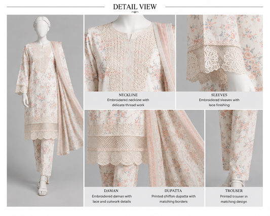 Stitched Peach Floral Embroidered 3-Piece Lawn Suit