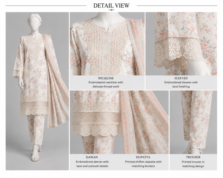 Peach Floral Embroidered 3-Piece Lawn Suit