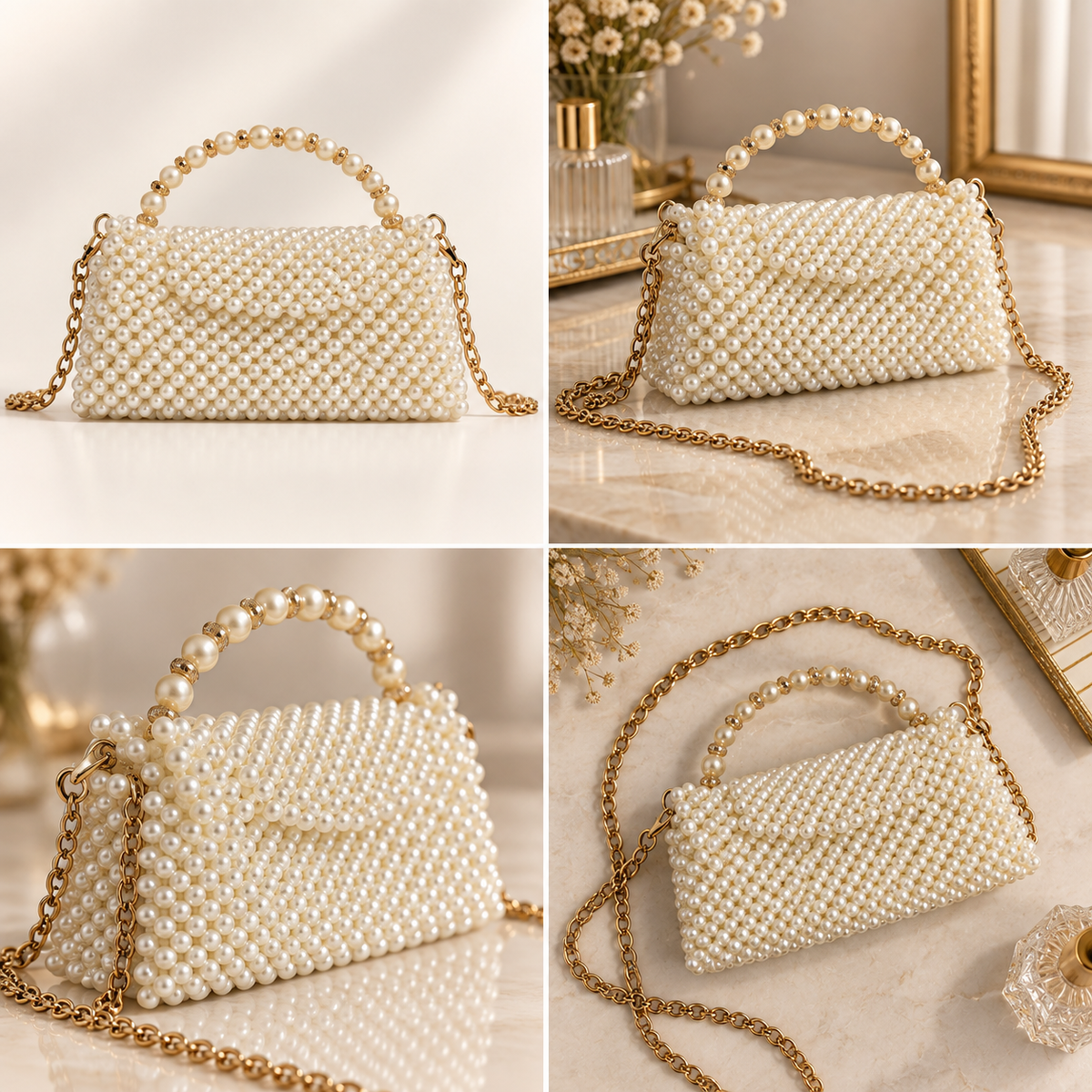 Pearl Beaded Handbag with Pearl Handle & Gold Chain