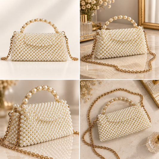 Pearl Beaded Handbag with Pearl Handle & Gold Chain