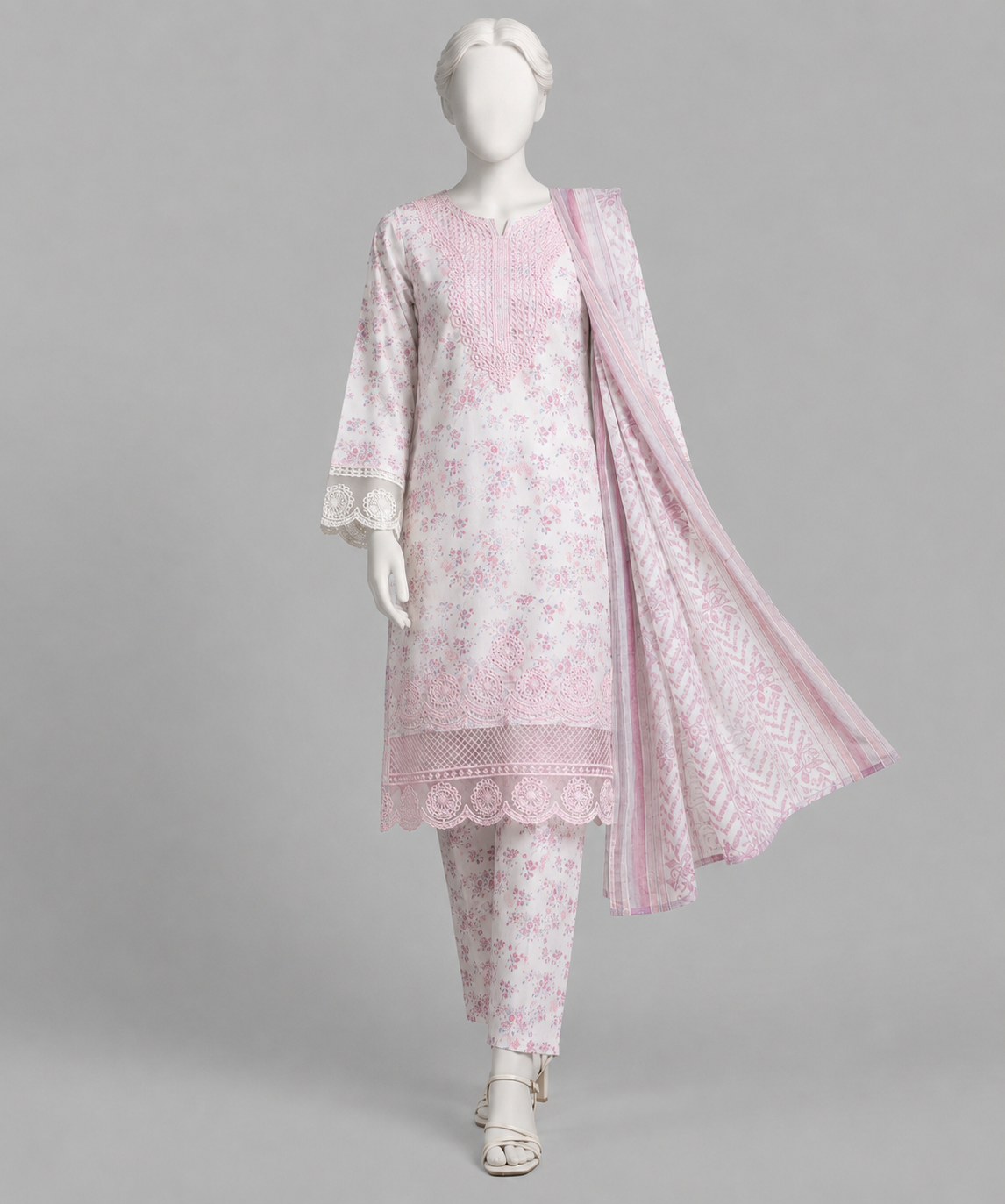 Pink floral embroidered 3-piece lawn suit with matching dupatta