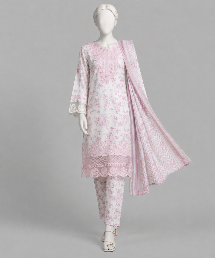 Pink floral embroidered 3-piece lawn suit with matching dupatta