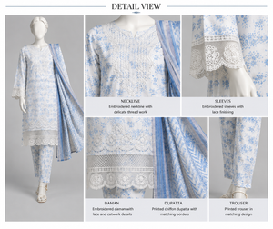 Blue floral embroidered 3 piece suit with chiffon dupatta