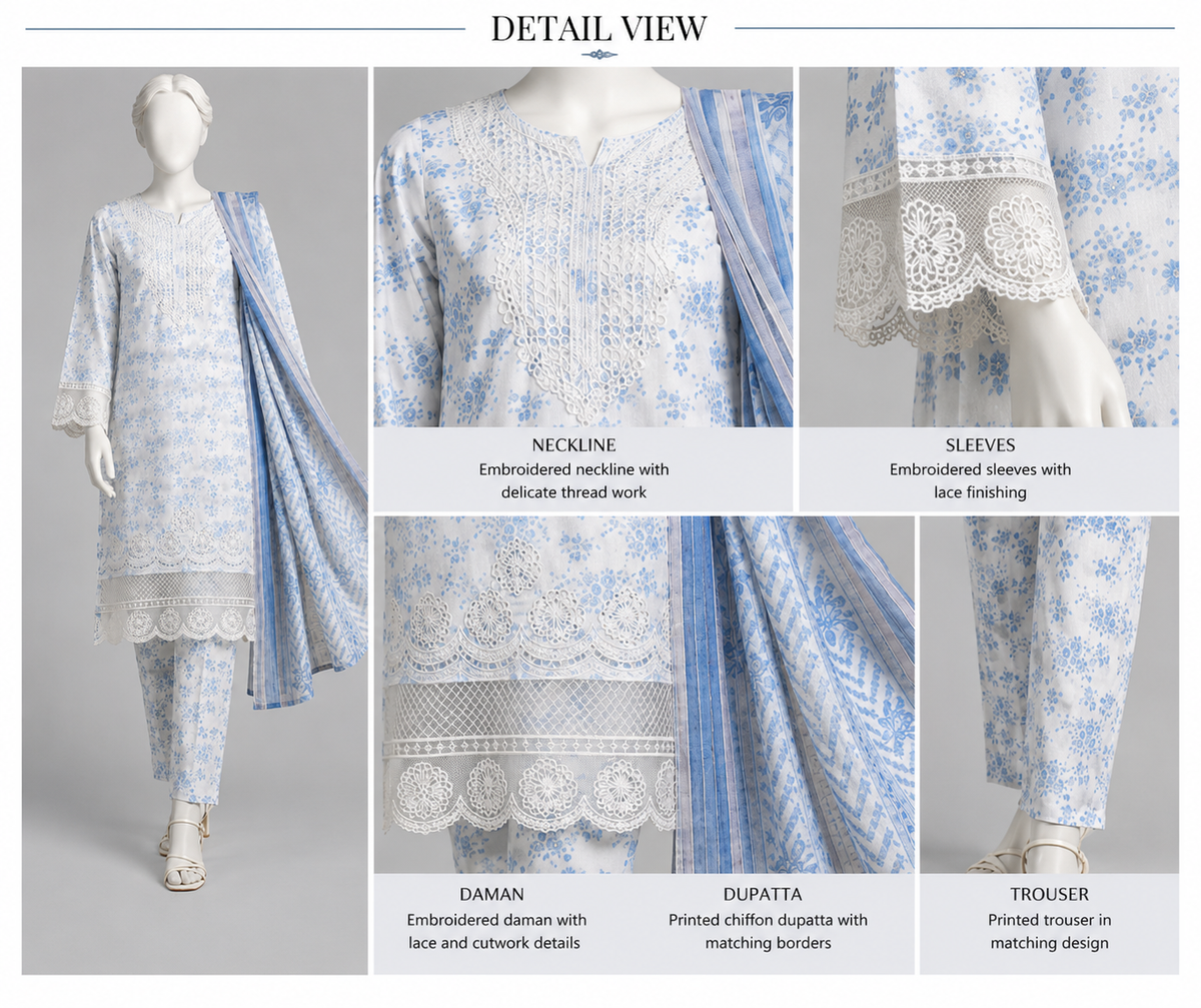Blue floral embroidered 3 piece suit with chiffon dupatta