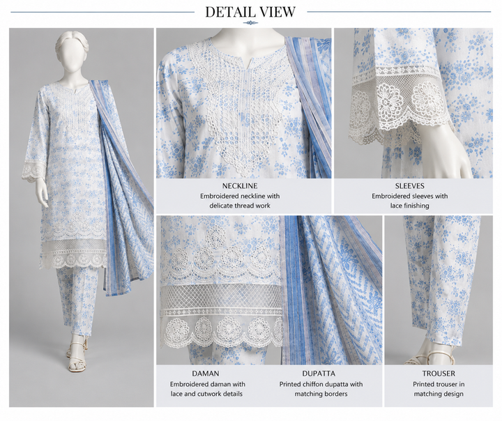 Blue floral embroidered 3 piece suit with chiffon dupatta