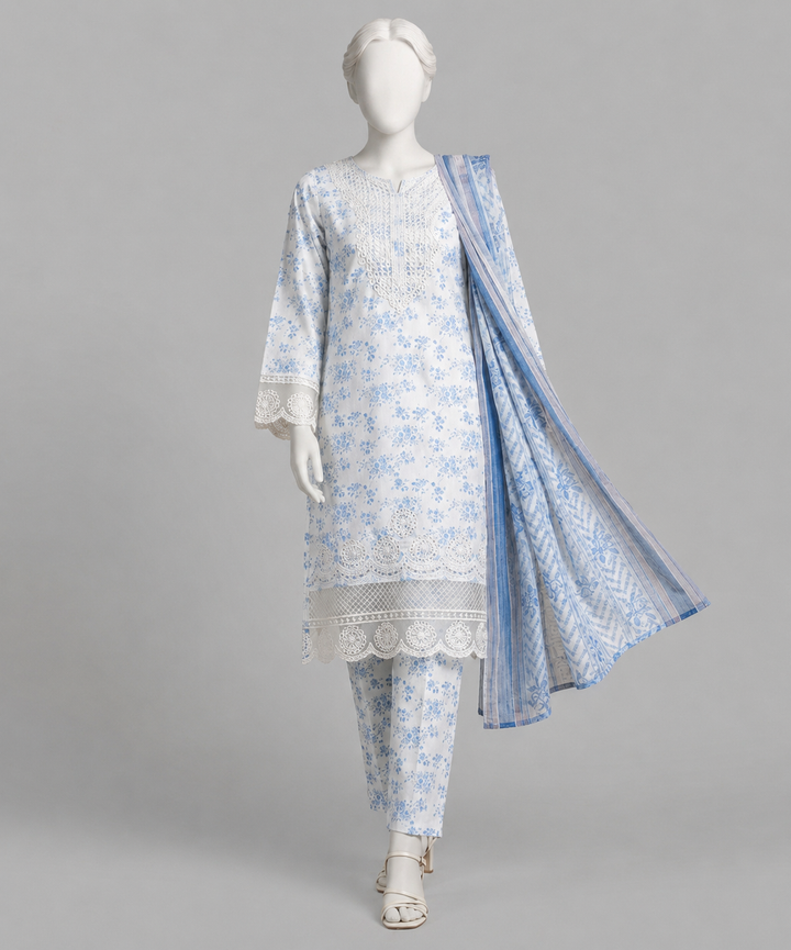 Blue floral embroidered 3 piece suit with chiffon dupatta