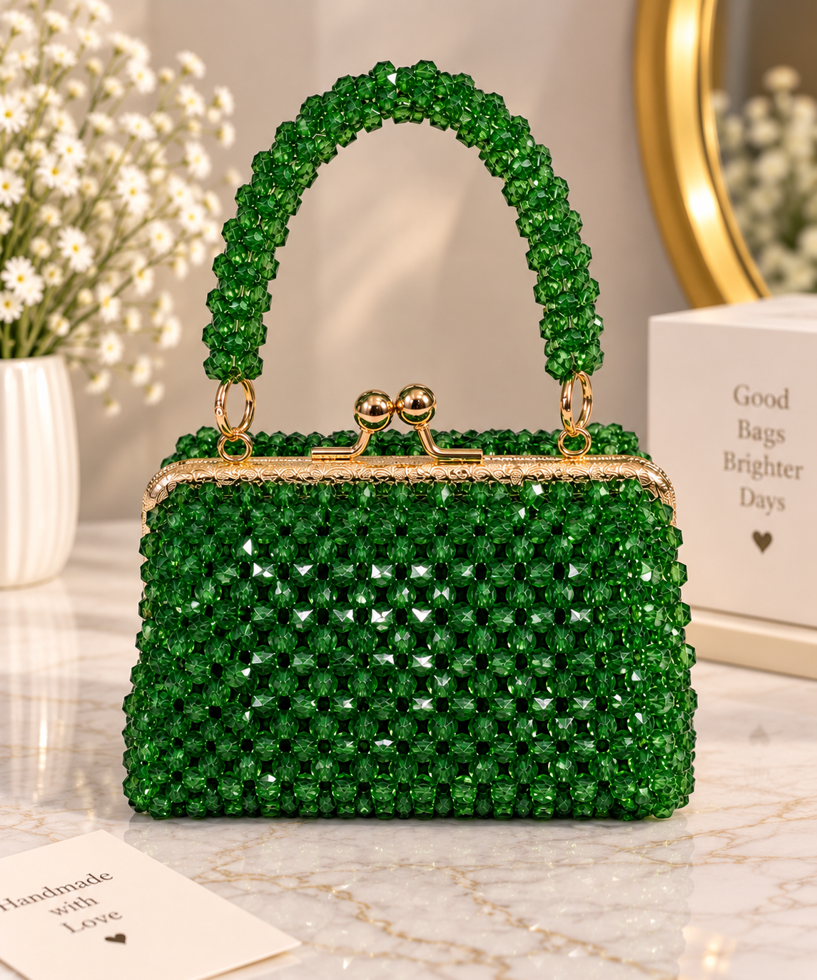 Metal Frame Beaded Bag with Beaded Handle